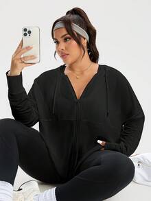 Dewbera Dewbera Chaqueta deportiva con capucha con cordón, cremallera frontal, manga larga y hombros caídos, de unicolor, para mujer de talla grande - Negro - Ver 6