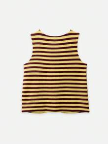 Nöista Conjunto de chaleco y pantalones cortos a rayas con botones de rana. Estilo de verano, otoño, resort, vacaciones, casual. - Café integral - Ver 8