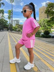 Kids/Young Girl Knitted Solid Color Round Neck Loose Fit Side Contrast Stripe T-Shirt And Shorts Set, Light Pink - Pink - View 6