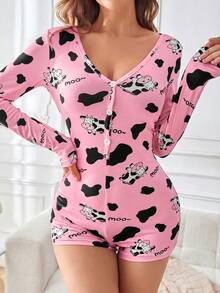 SHEIN 奶牛印花图案女士睡衣连体裤 - 西瓜粉 - 查看 3