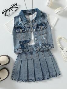 SHEIN 2pcs Girls' Light Blue Denim Ripped Vest & Pleated Skirt Set,Back-To-School Y2K Style Cotton Distressed Cropped Fit,Music Festivals Parties Vacation - Light Wash - View 2