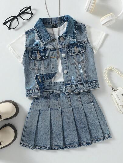 SHEIN 女童浅蓝色牛仔破洞背心和百褶裙套装（2件套），Y2K风格，舒适棉质牛仔面料，做旧水洗破洞处理，短款设计，适合上学、音乐节、日常穿着、通勤、派对、度假等场合，春夏新品。