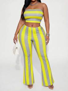 Slaydiva Bộ đồ nữ 2 mảnh gồm áo croptop ống màu vàng xám kẻ sọc và quần dài ống loe cạp cao, thích hợp mặc đi chơi. - màu xanh lá - Xem 5