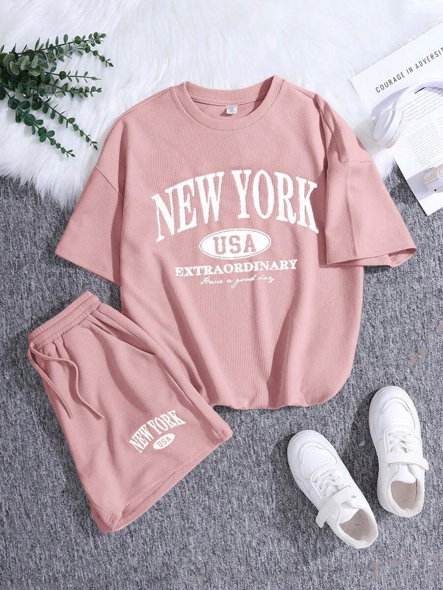 SHEIN 少女针织休闲英文印花宽松T恤和短裤两件套 - 粉色 - 查看 1