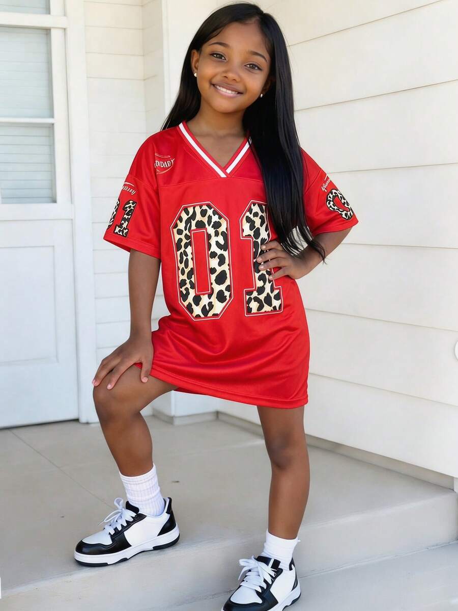 Tween Girl New Spring And Summer Casual Street V-Neck Off-Shoulder Short-Sleeved 23 Slogan Logo Eagle Pattern Apricot Bottom Green Stripe All-Over Printing Loose Knitted Fabric Mini Dress,Dresses - Red - View 1