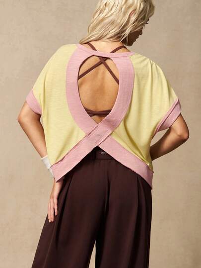 VARSIVA Contrast Color Splice Hollow Back Sports T-Shirt