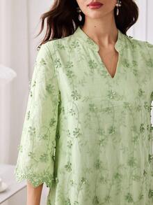 SHEIN Lacomfia Mint Green Embroidered Stand Collar Mid-Length Sleeve Midi Dress, Fashionable For Spring/Summer - Mint Green - View 1