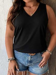 Calvaya Plus Size Casual Solid Color Tank Top, Summer - Black - View 4