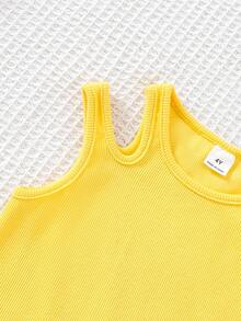SHEIN Elladie kids 4件套夏季新款少女彩色多巴胺上衣套装，针织面料浅粉色无袖圆领上衣+黄色不对称镂空肩上衣+紫色交叉上衣+条纹上衣，可爱休闲时尚，适合小女孩 - 彩色 - 查看 7