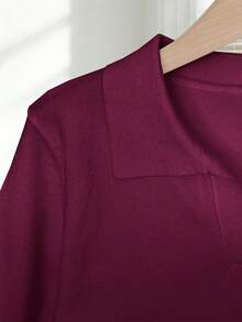Franclia Women's Spring/Summer White Simple Casual Turndown Collar Raglan Short Sleeve Solid Color Fitted Knit Top, Plus Size - Red Violet - View 4