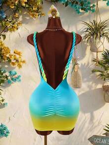 Amplova Plunging Neckline Rope Vacation Sleeveless Sexy Bodycon Ruched Mini Dress For Women - Blue - View 11