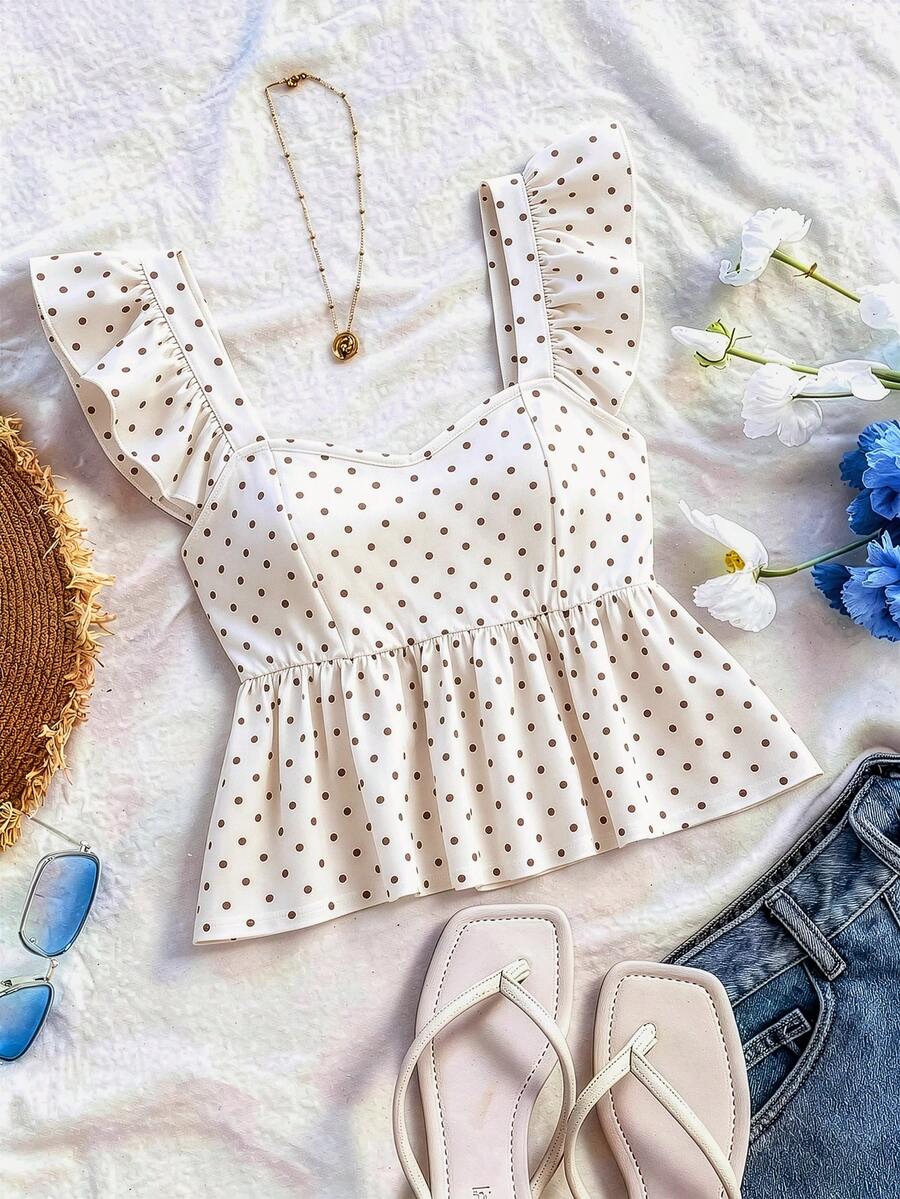 SHEIN Franclia Áo thun nữ chấm bi xếp ly, kiểu dáng thường ngày, đa năng. - Màu be - Xem 1