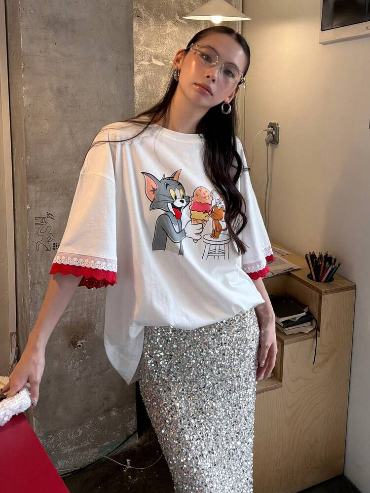 TOM AND JERRY X DAZY Women's Round Neck Cartoon Color Block Patchwork Collaboration Street Style Casual Short Sleeve T-Shirt