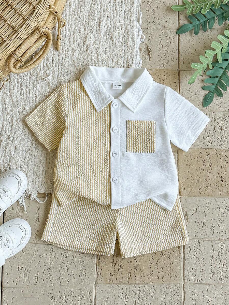 Vintaside Kids 男婴装饰贴袋翻领短袖开衫和短裤套装 - 黃色 - 查看 1