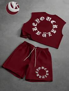 PAVTROS Men's Casual Fashion Street Daily Commute Letter Embossed Loose Tank Top And Drawstring Waist Shorts Set, Summer, Holiday - Red - View 6