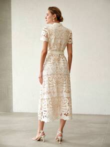 MOTF PREMIUM ELEGANT & FASHIONABLE WOMEN'S BELTED HOLLOW OUT MID-LENGTH DRESS - Apricot - View 4