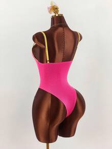 Amplova Women's Sporty Colorblock Lace Patchwork Bodysuit Golf White Summer Sexy - Hot Pink - View 8