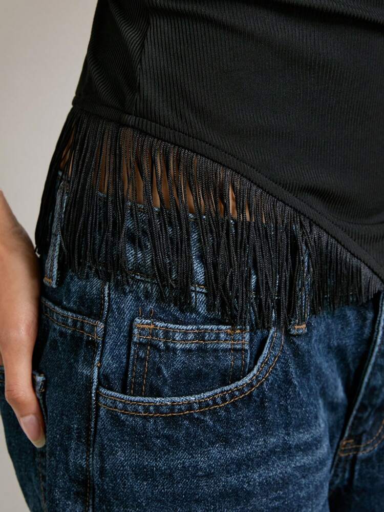 SHEIN Maija Women's Casual Solid Color Fringe Hem Sleeveless Top, Black Tops ,Beach Outfit,Vacation Outfits For Women,Summer Top
