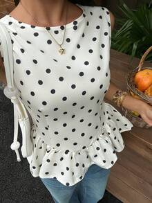 Áo sơ mi nữ không tay, họa tiết chấm bi, viền bèo nhún, kiểu dáng thường ngày. - Nhiều màu - Xem 1
