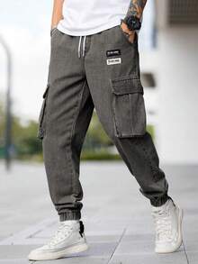 Manfinity Homme Plus Size Men's Casual Jeans With Applique, Drawstring Waist And Slant Pockets - Light Grey - View 7