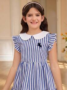 Tween Girl/Tween Girls' Elegant Patchwork Color Block Peter Pan Collar Sleeveless Dress - Blue - View 2