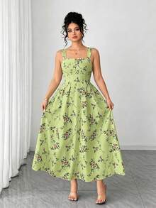 Elenzga Đầm hè hai dây in hoa thanh lịch dành cho nữ cỡ lớn, thích hợp cho Ngày Valentine. - Limelight Green - Xem 1