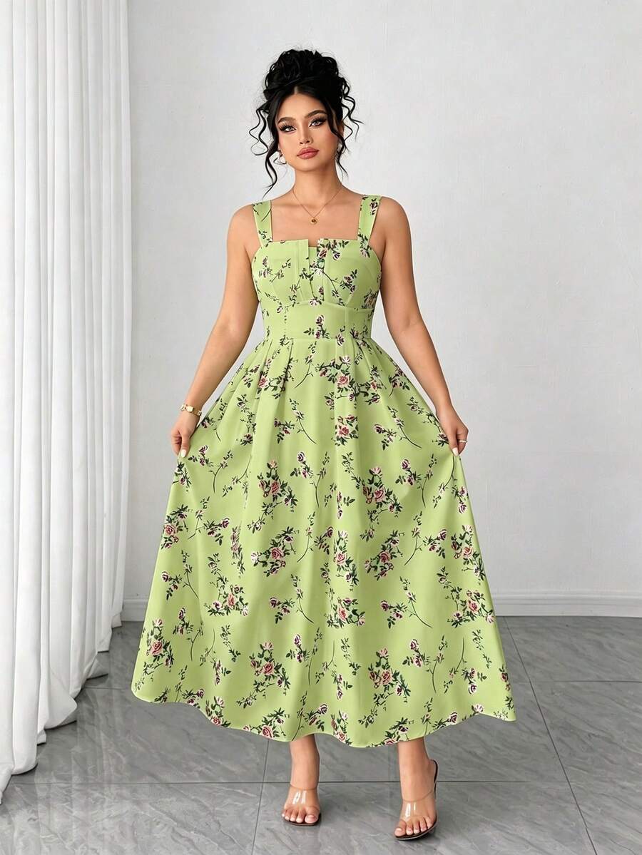 Elenzga Đầm hè hai dây in hoa thanh lịch dành cho nữ cỡ lớn, thích hợp cho Ngày Valentine. - Limelight Green - Xem 1