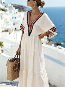 SHEIN Holidaya 女士休闲条纹拼接连衣裙 - 杏色 - 查看 4