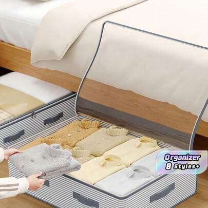 Túi đựng đồ dưới gầm giường sọc xám, cửa sổ trong suốt, thiết kế gấp gọn, dung tích lớn, chống bụi, dùng để đựng chăn, quần áo, đồ chơi và các vật dụng theo mùa.
