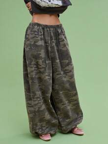 COUREZ Unisex Women Men Baggy Balloon Fit Camo Trousers Y2K Vintage 100%Cotton - Khaki - View 2