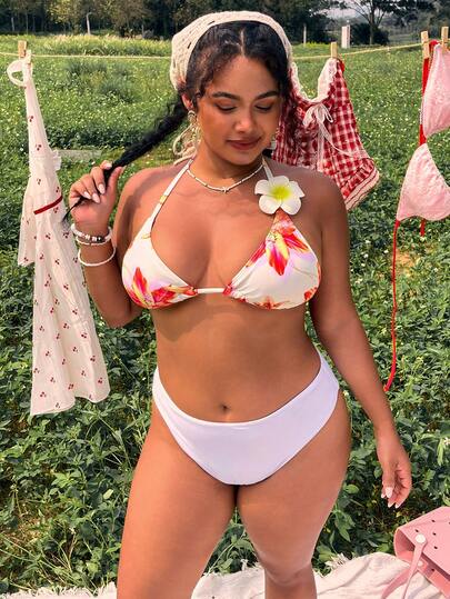 Swim Mod Bộ bikini hai mảnh gợi cảm kiểu dáng nghỉ dưỡng, cổ yếm, họa tiết hoa nhiệt đới mới năm 2026, dành cho người có thân hình mũm mĩm.