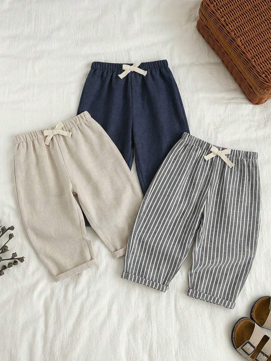 SHEIN 3件套男童休闲可爱百搭条纹缎带装饰松紧腰裤套装
