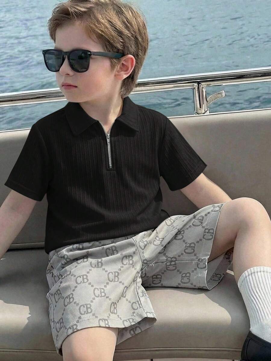 SHEIN Young Boys' Casual School Collar Short Sleeve Polo Shirt,Solid Color Textured Fabric,Suitable For Commuting,Daily Wear,Sports,Spring/Summer - Black - View 1
