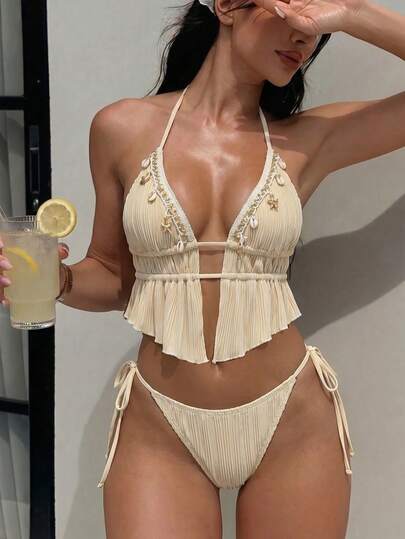 Swim SXY Bộ đồ bơi tankini nữ buộc dây cổ yếm, viền hình sao biển, hở lưng, họa tiết lượn sóng, màu trơn.