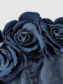 Sweetra Vestido de mezclilla con bandeau y lazo para mujer - Azul lavado oscuro - Ver 3