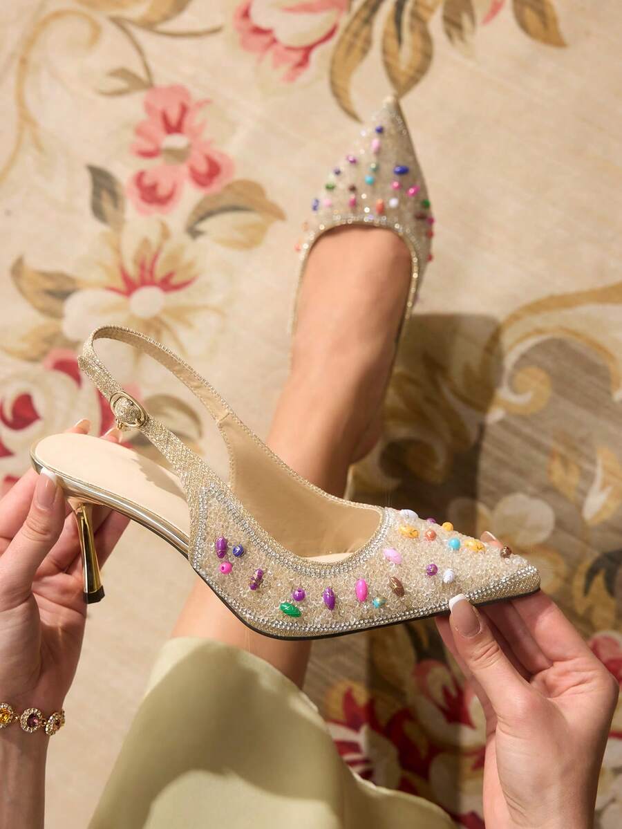 CUCCOO TILAWA Chaussures à talons hauts à bout pointu avec strass pour femmes, chaussures de soirée avec bride à la cheville, convient pour les fêtes et les banquets - Doré - Voir 1