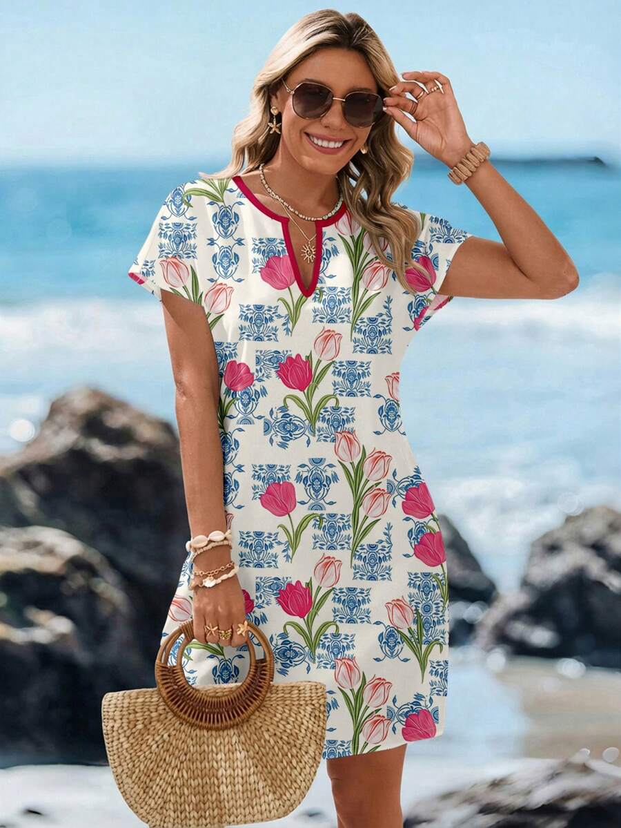 SHEIN LUNE Đầm ngắn cổ chữ V tối giản, phong cách thường ngày dành cho nữ, thích hợp cho mùa xuân/hè. - Nhiều màu - Xem 1