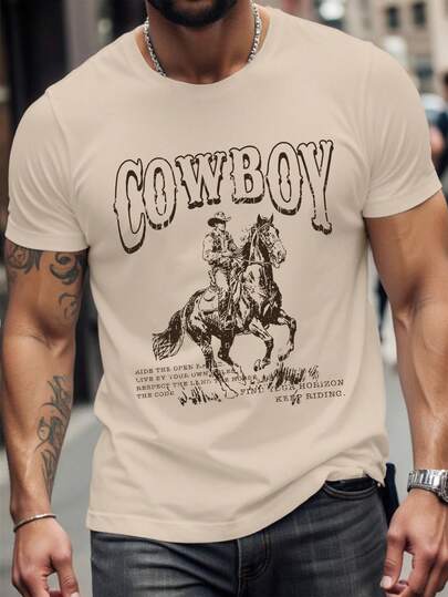 Manfinity Vintage Wild Cowboy Poster Print Casual Slim Fit Khaki Short Sleeve T-Shirt For Men