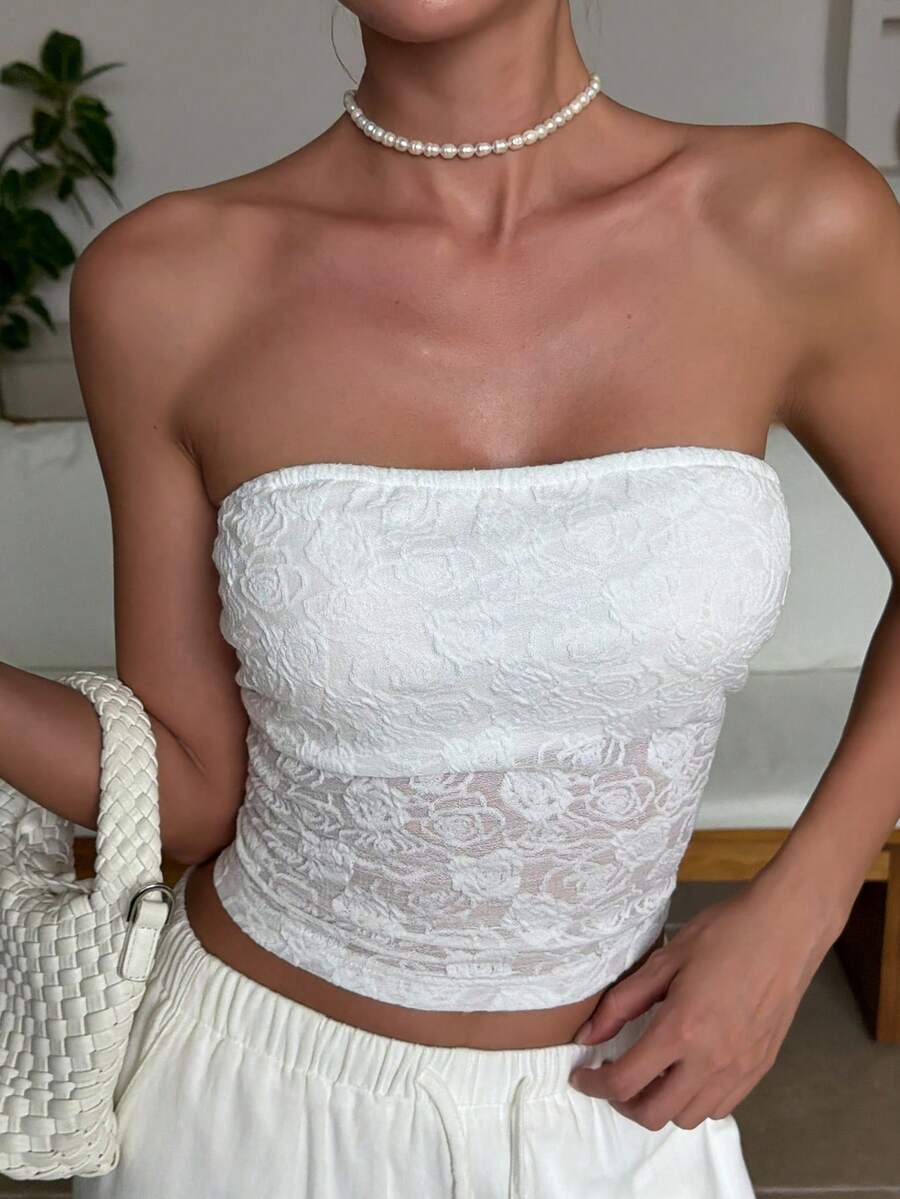 Livesso Women's Floral Textured Fashion Bandeau Top - White - View 1