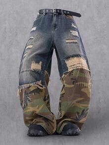 Manfinity Denimwave Quần jean denim rách dáng rộng in họa tiết rằn ri dành cho nam - Màu xanh lam - Xem 3