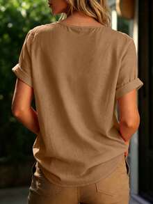 Camisa de algodón de manga corta, cuello en V, unicolor, casual y diaria, para el verano - Caqui 2 - Ver 3