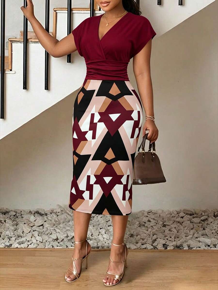 EMERY ROSE Sexy Women's V Neck Drop Shoulder Design Dress Maxi Women Outfit - Burgundy - View 1