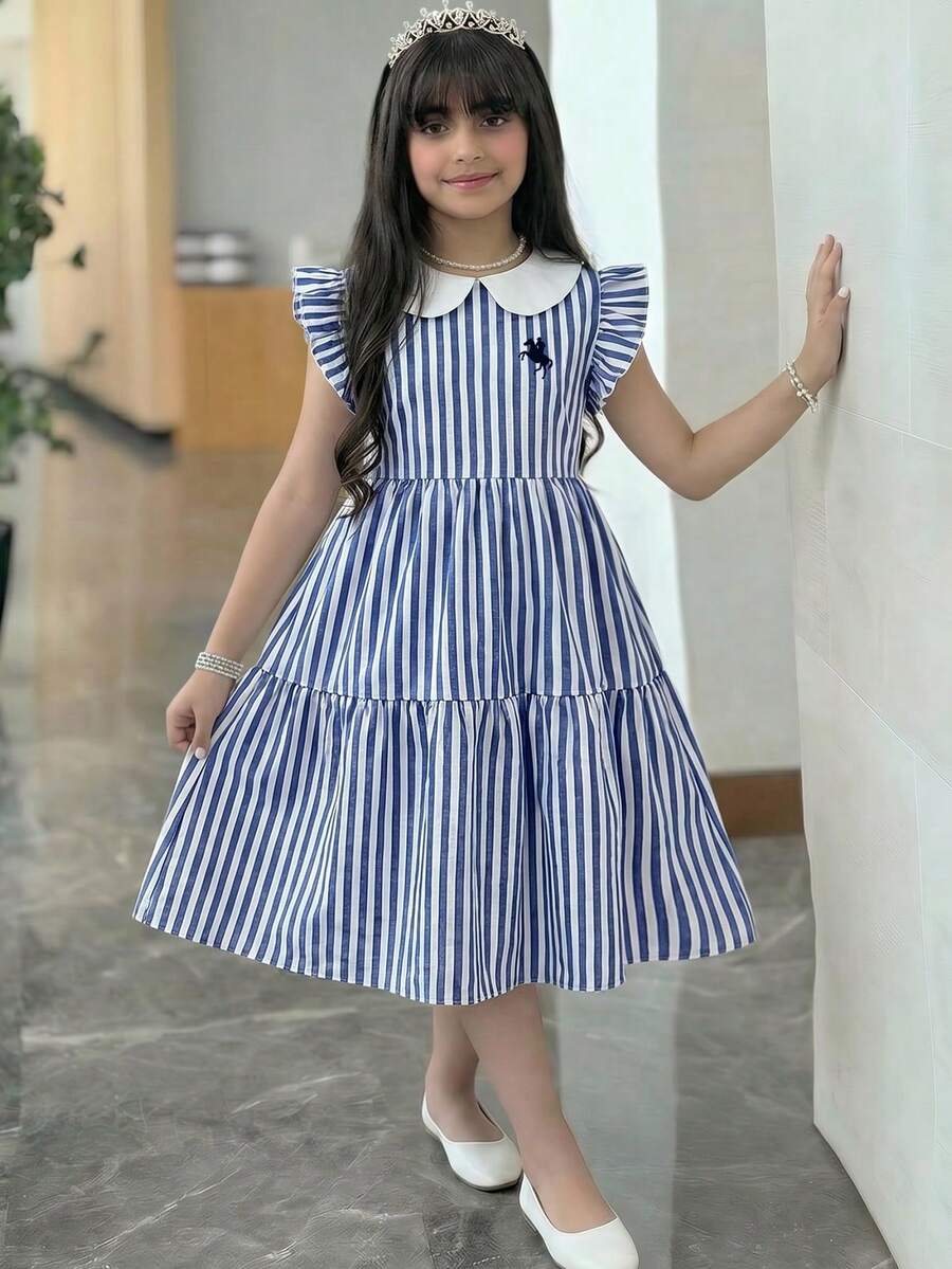 Tween Girl/Tween Girls' Elegant Patchwork Color Block Peter Pan Collar Sleeveless Dress - Blue - View 1