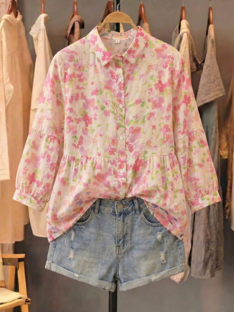 Divinelle Áo sơ mi nữ dáng xòe in họa tiết thực vật ngọt ngào, cổ nhọn, cài cúc phía trước, tay xếp tầng, kiểu dáng cơ bản giúp định hình vòng eo, thích hợp mặc đi làm hàng ngày vào mùa xuân hè. - Hồng - Xem 1