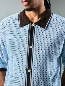 ROMWE MEN Men's Contrast Color Short Sleeve Single-Breasted Casual Knit Top - Multicolor - View 2