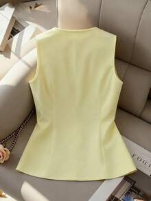 Women's Casual Yellow Fabric Vest Flared Hem V Neck Sleeveless Regular Length Button Details Plain Lightweight Jacket - Yellow - View 2