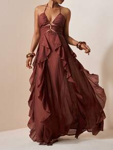 Zivah Đầm dự tiệc đi biển năm 2026, kiểu dáng thanh lịch, phong cách Bohemian, chất liệu chiffon mỏng, màu nâu, dây mảnh, viền bèo nhún, đầm hai dây, đầm buộc dây phía trước, đầm hai dây, đầm dài chiffon, đầm phong cách Bohemian, đầm đi nghỉ mát. - màu nâu - Xem 5
