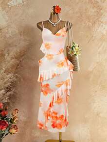 SaltGleam SaltGleam Women's Fashion Draped Neck Ruched Waist Bodycon Elegant Tropical Everyday Floral Mesh Ruffle Splice Maxi Dress For Wedding Beach Vacation, Holiday - Multicolor - View 7