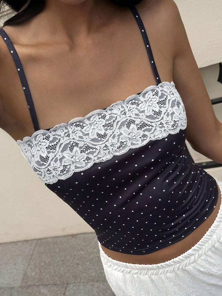 Women's Vintage Beach Vacation Polka Dot & Contrast Lace Fitted Cropped Camisole Top, Summer
