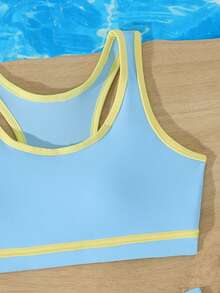 SHEIN Bộ đồ bơi viền tương phản dành cho bé gái tuổi teen - Màu xanh lam - Xem 3